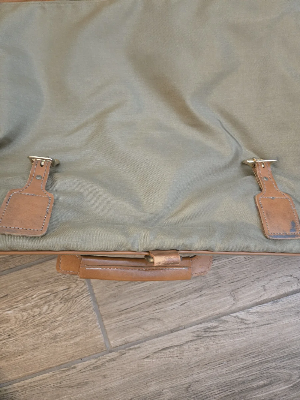 Men's Olive Green Canvas Garment Bag with Tan Leather Trim